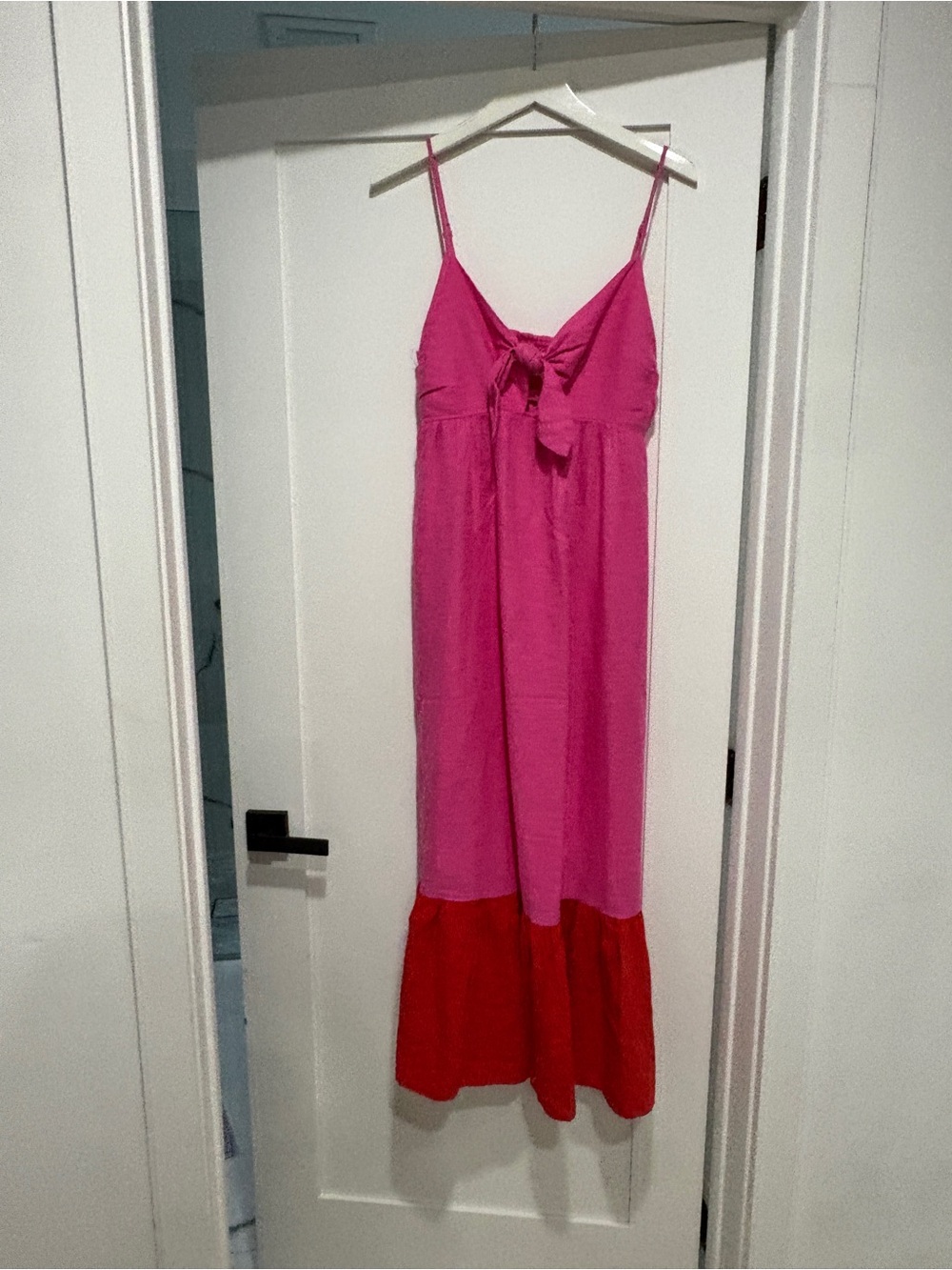 Tabitha Brown Women’s Pink & Red Maxi Dress with Tie Front and key hole. Size M.